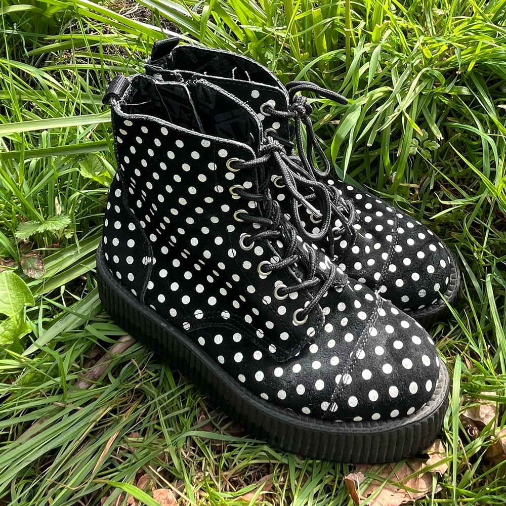 T.U.K Polka Dot Suede Black & White Creeper Platform Boots - Deadstock Y2K